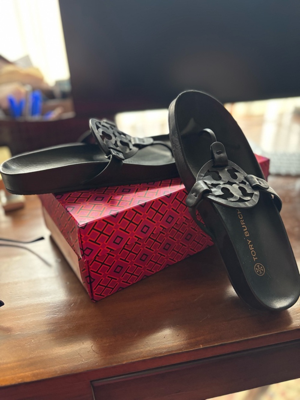 Tory Burch Black Leather Logo Thong Sandals